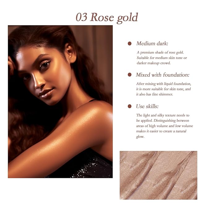 Body Glitter Oil Liquid Luminizer - Glow Hightlighter Shimmer Oil Illuminator Waterproof Long Lasting Moisturizing for Body & Face Bronzer Smooth Lotion with Makeup Brush by ONXK(#03 Rose Gold)