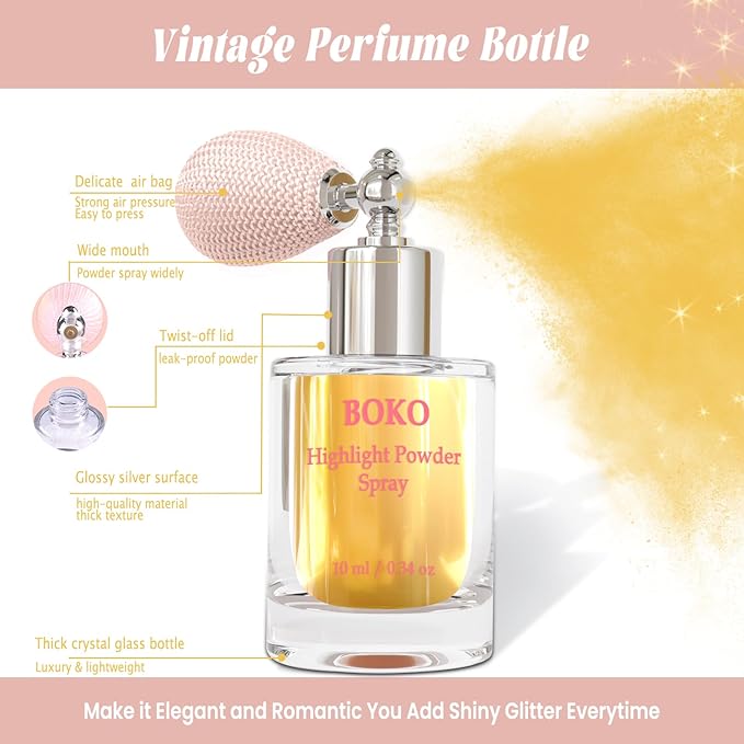 Boko Highlighter Powder Spray, Cosmetic Body Shimmer Spray High Gloss Diamond Glitter Makeup Sparkle Glitter Hairspray Christmas Rave Accessories for Women Face Paint Hair Clothes