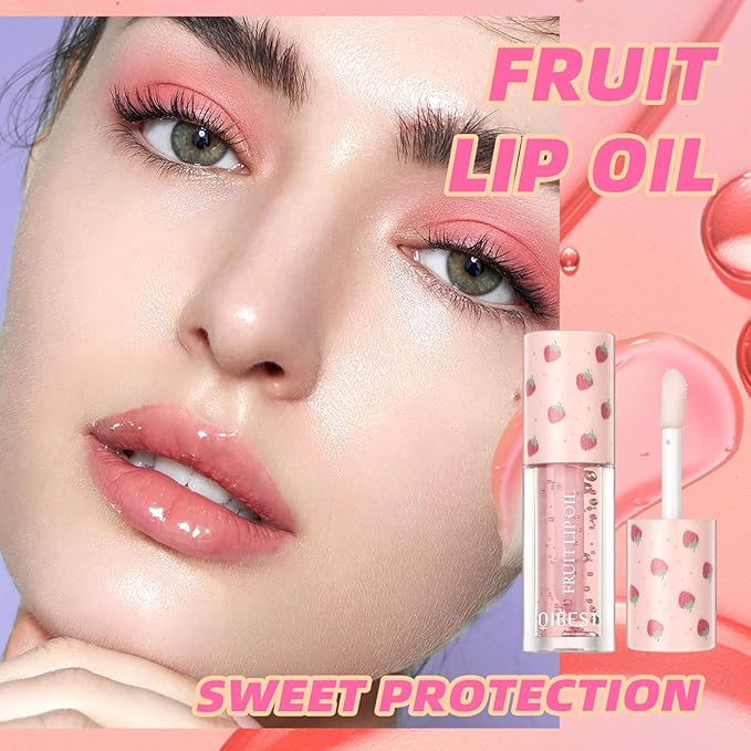 4PCS Fruity Lip oil,Big Brush Head Lip Oil,Moisturizing Lip Gloss Lip Oil,Natural Nourishing Lip Oil Gloss,Lightweight & Non Greasy, Pink