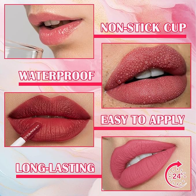 6 Colors Lip Tint Stain Set,Mini Liquid Lipstick Moisturizing Long Lasting Plumping High Pigmented Lip Gloss Set,Lightweight Non-Stick Cup Matte Lipstick for Waterproof Cheek and Lip Tint Makeup E