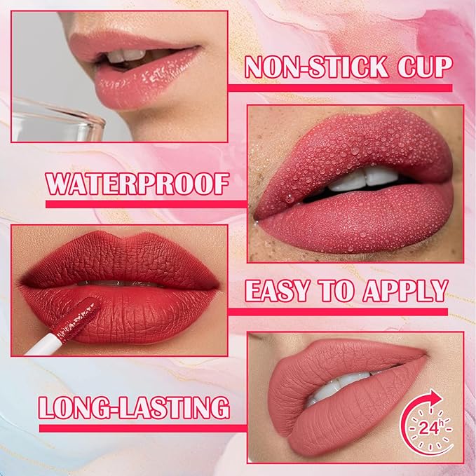 6 Colors Lip Tint Stain Set,Mini Liquid Lipstick Moisturizing Long Lasting Plumping High Pigmented Lip Gloss Set,Lightweight Non-Stick Cup Matte Lipstick for Waterproof Cheek and Lip Tint Makeup D