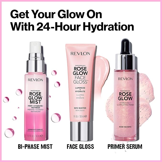 Revlon PhotoReady Face Gloss Rose Glow Primer, Makeup for All Skin Types, Hydrates, Illuminates & Moisturizes, Infused with Glycerin & Olive Oil Extract, 80% Water, 1 Fl Oz