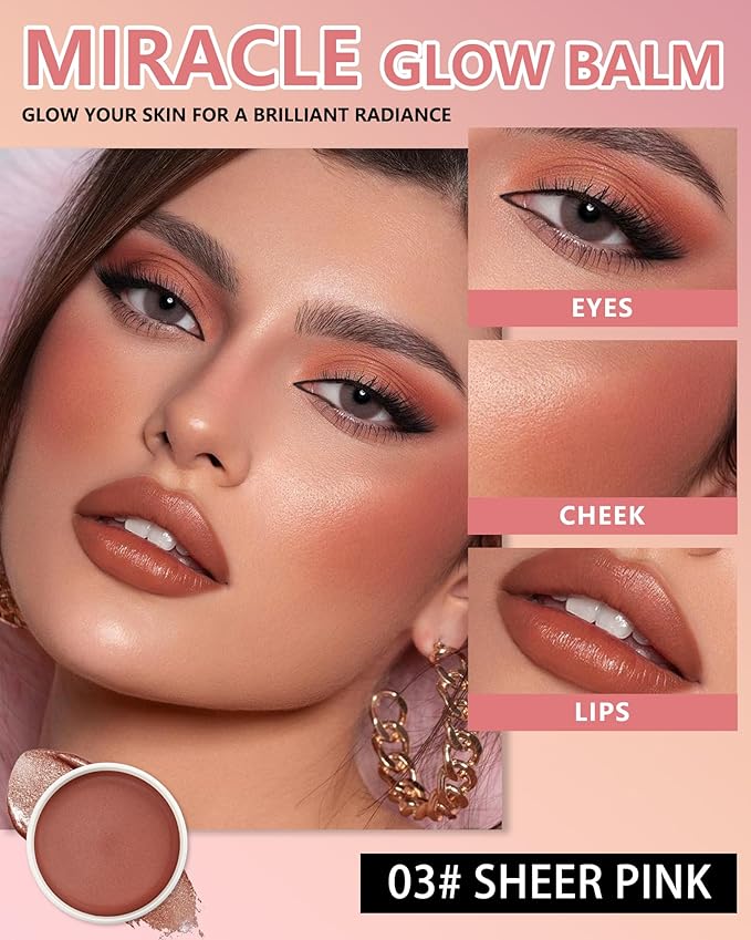 Miracle Glow Balm - Hydrating Tinted Cream Blush, Multi-Use Glow Face Balm Makeup for Cheek & Eye & Lip Tint, Creamy Lightweight Blendable Shimmer Blusher, Radiant Skin Finish, 03# Sheer Pink