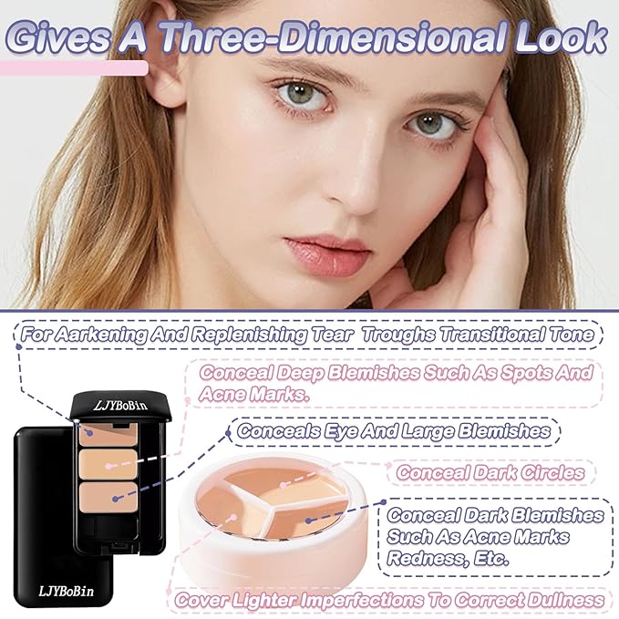 2PCS Tri Color Corrector Face Concealer Palette Set with Brush,Moisturizing Long Lasting Waterproof Color Correcting Concealer Full Coverage Cream Contour Foundation Makeup Palette Kit