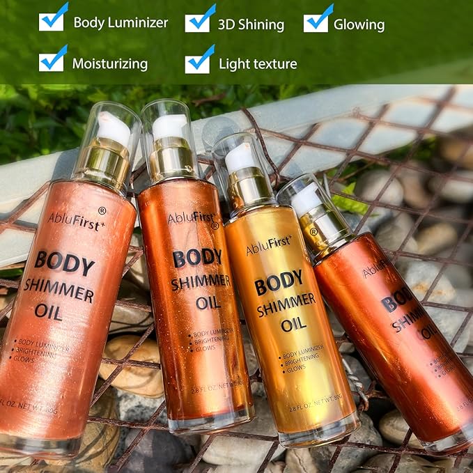 4 Colors Shimmer Body Oil Face Glitter Summer Body Moisturizing Light Shimmering Glow Non-Sticky Party Luminizer and Illuminator Smooth (3.38 Fl Oz Pack of 1, Rose Gold)