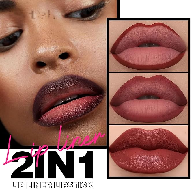 Purple Lip Liner Long Lasting, Lip Liner & Lipstick Combo, Gradient 2-in-1 Waterproof Rich, Antique Rose Chestnut Nude Dark Brown Matte Smooth Lip Shaped Lipstick for Women, 07# Fearless