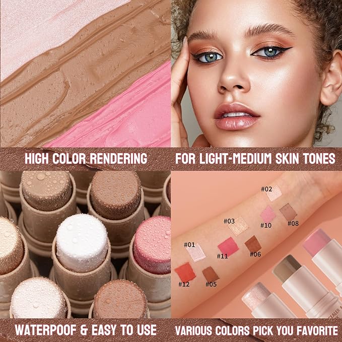 3Pcs Cream Contour Sticks Kit, Highlighter Stick Blush Stick Cream Contour Kit Makeup Set with Brush,Face Brightens & Shades Contour Stick Waterproof for Women Girls(9507-03-06-11, B)
