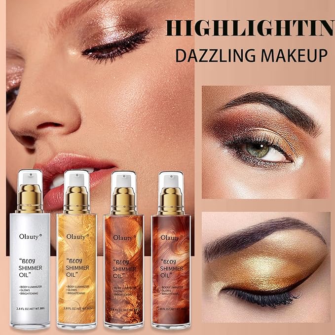 Body Shimmer Oil Gold 4 Color Face Brighten Luminizer Glow for Face & Body, Summer Glow Pearl Highlighter Liquid Illuminator Makeup With Brush (#2, 2.8 Fl Oz)