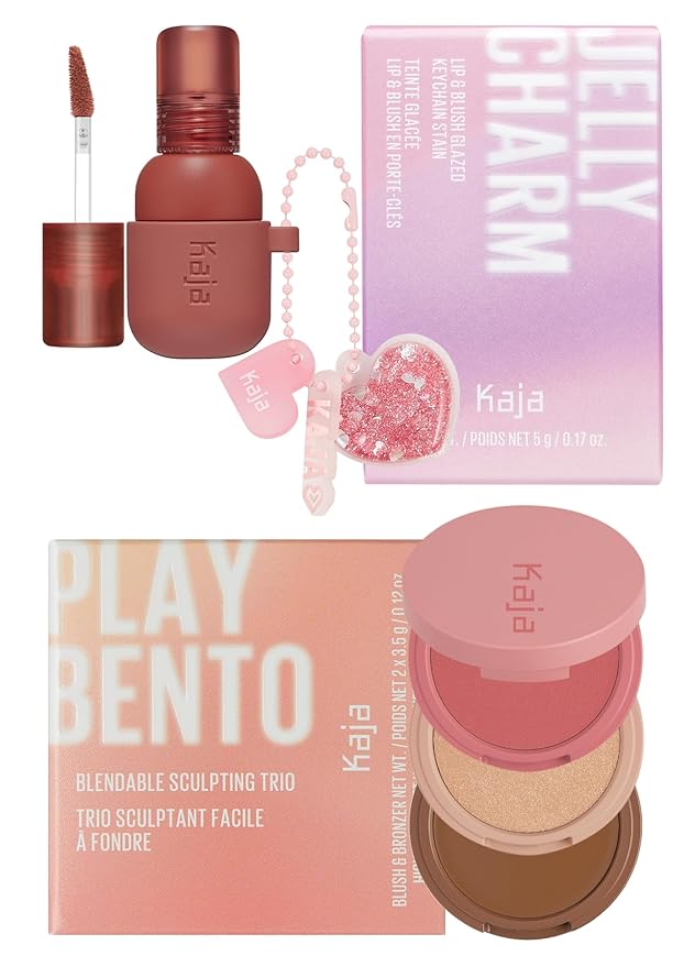 Kaja Lip & Blush Glazed Keychain Stain - Jelly Charm 05 Peach Fizz + 3-in-1 Blendable Sculpting Trio - Play Bento 02 Cloud Latte Bundle
