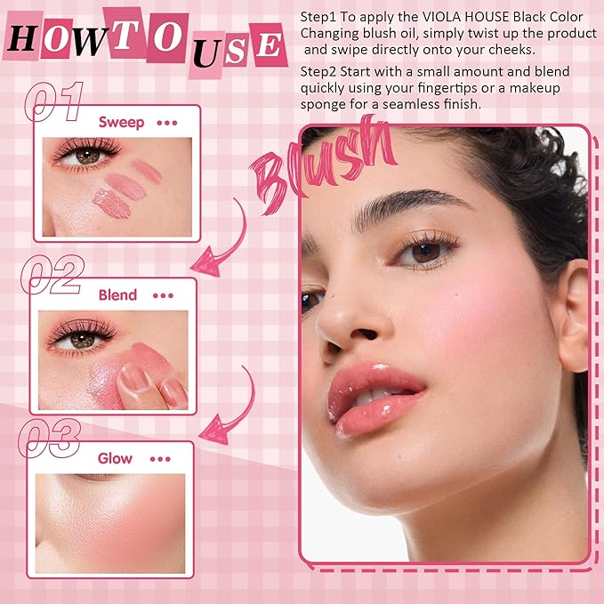 viola house Black Liquid Blush,Moisturising Color Changing Black Blush,Water-Based Ph Color Changing Blush,Multi-Purpose Liquid Blush Oil For Cheeks,Eyes and Lips 6ml/0.21oz 