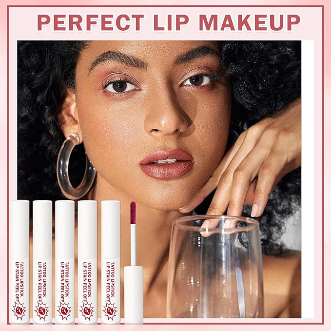 AWCCXMYM 5Pcs Lip Stain Peel Off Lip Tint Stain Matte High Pigment Longlasting Lightweight Peelable Lip Liner Stain for Natural Gloss All Day