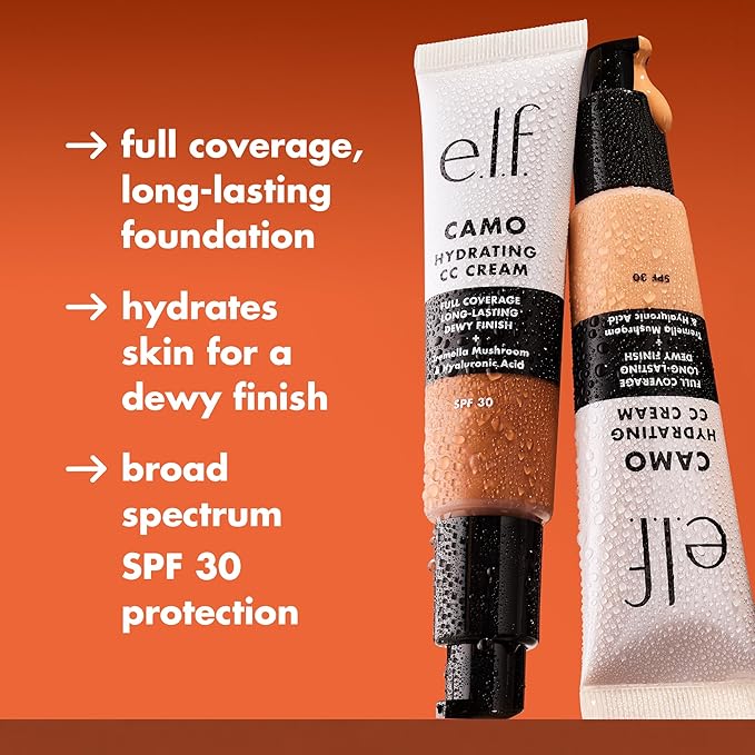 e.l.f. Hydrating Camo CC Cream, SPF 30, Color Correcting Full Coverage Foundation For A Dewy Finish, Vegan & Cruelty-Free, Tan 425 N