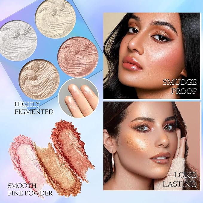 Highlighter Powder Palette, Illuminator Palette Highlighter Baked Waterproof Long Lasting Brilliant Lighten Skin Color Face Contour Powder (A3)