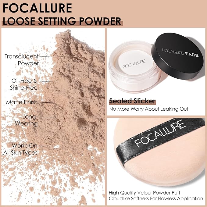 FOCALLURE Oil Control Loose Face Powder, Translucent Loose Setting Powder, Shine-Free Matte Finishing Powder, Long-lasting & Lightweight Sets Foundation Makeup, Includes Velour Powder Puff, Natural