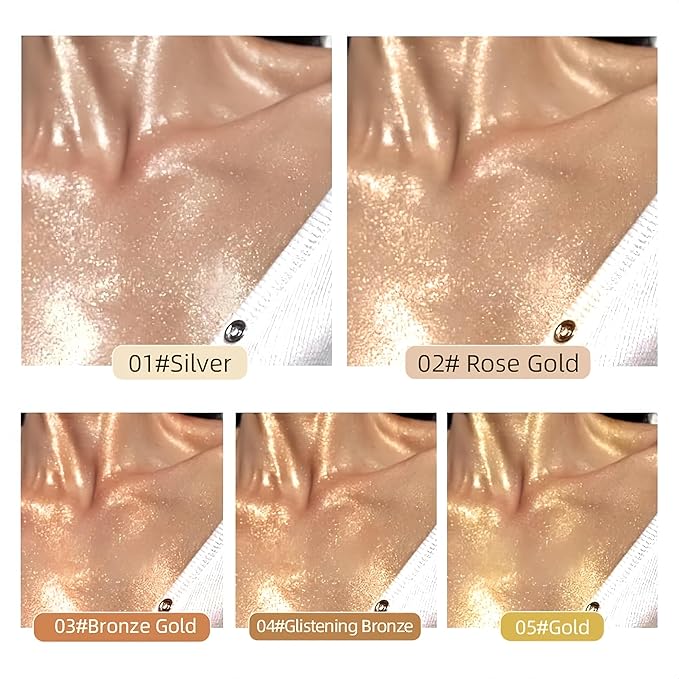 Moisturizing Body Luminizers 5 Colors Smooth and Shimmer Body Oil Long Lasting Liquid Body Highlighter for Face & Body & Leg (40ml, 01 Sliver)