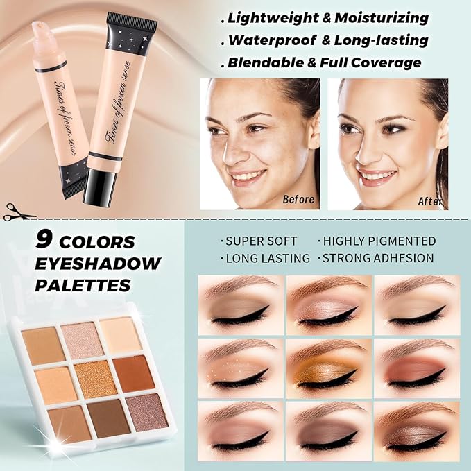 Makeup Kit for Teens Girls Women, Travel & Portable Makeup Set, Cosmetic Bundle with Foundation, Eyeshadow, Lipstick, Eyeliner & Mascara