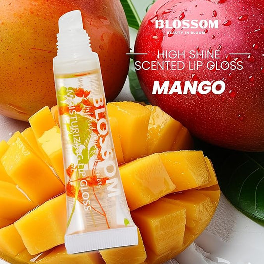 Blossom Lip Gloss Tubes, Mango Scented Thick Clear High Shine Moisturizing Flower Lip Gel with Nourishing Jojoba Seed Oil, Infused with Real Flowers, 0.3oz, Mango