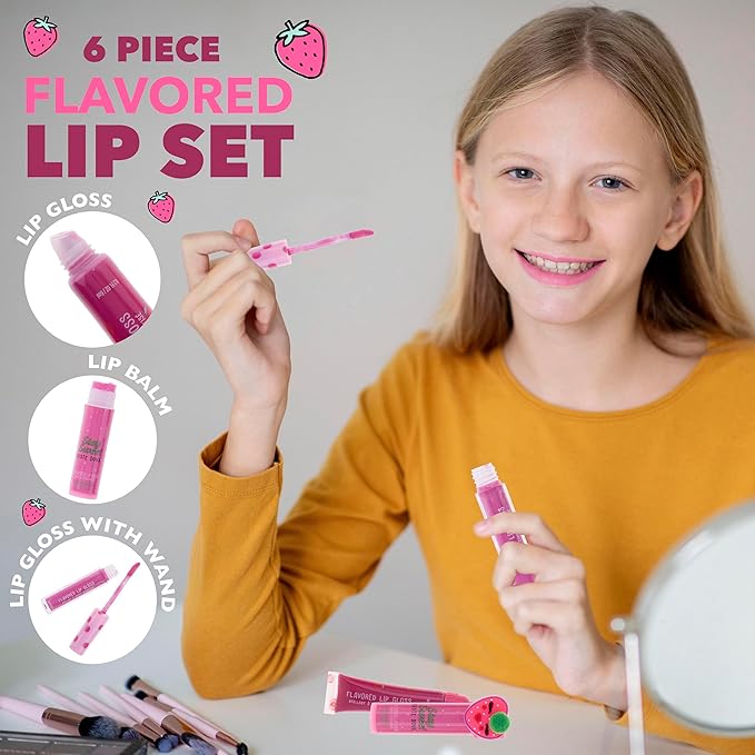 EXPRESSIONS 6pc Lip Set - Strawberry Flavored Lip Gloss & Balm Kit, Fruity Flavored for Girls | Safe and Non-Toxic Gift Set