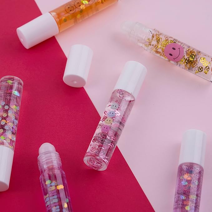 EXPRESSIONS 6pc Lip Gloss Set - High Shine Confetti Lip Gloss Tubes w/Rollerball Applicator Tips | Hydrating Roll On Lip Gloss, Safe and Non-Toxic Lip Gloss Gift Set For Girls (KEEP SMILING)