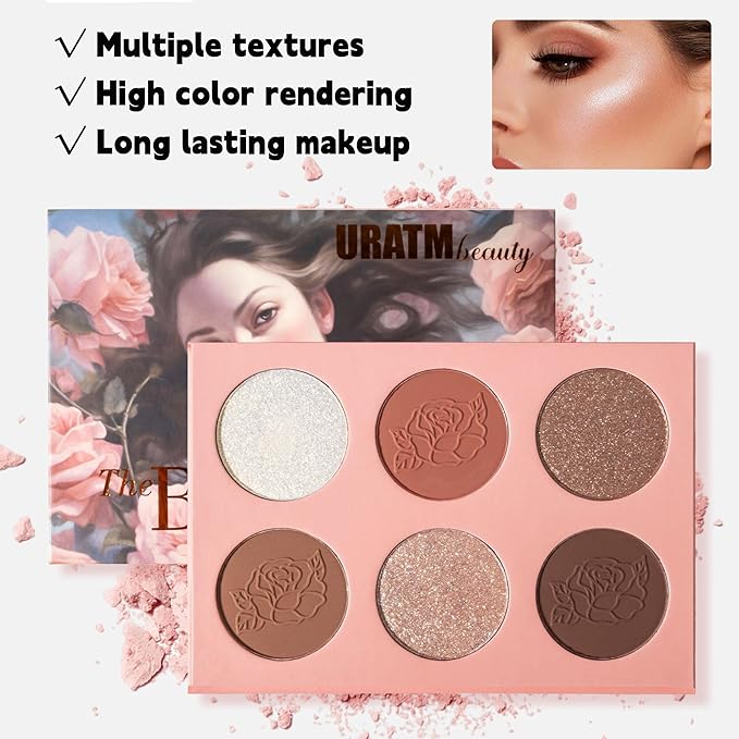 Radiant Rosé Blush Palette - 6 Shades, Fresh Glow, Silky-Smooth Texture, Beginner-Friendly, No Pigment Residue Featuring, 3 Shimmer Shades and 3 Natural Soft Blush Tones | Eye Make Up Palette