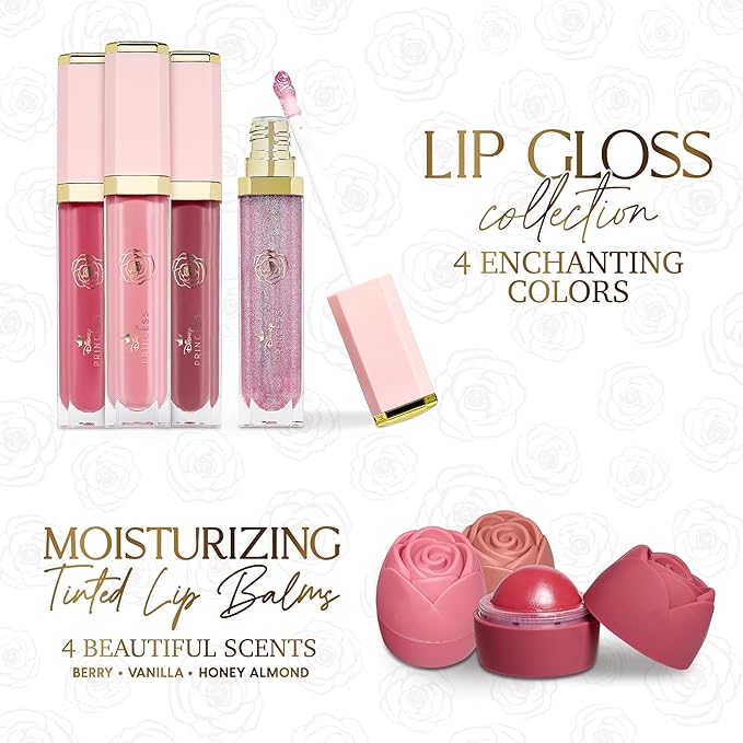 Disney Belle Maison Cosmetic Makeup Set, Makeup Essential Collection, Princess Belle Beauty and the Beast - Includes 3pc Lip Balm, 4pc Lip Gloss