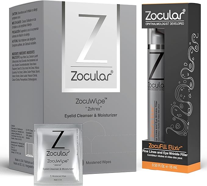 Zocuwipe Eyelid Wipes with Okra Complex - Eyelid Cleanser and Moisturizer Pads 40ct + Zocufill Elixir Eye Gel and Face Serum