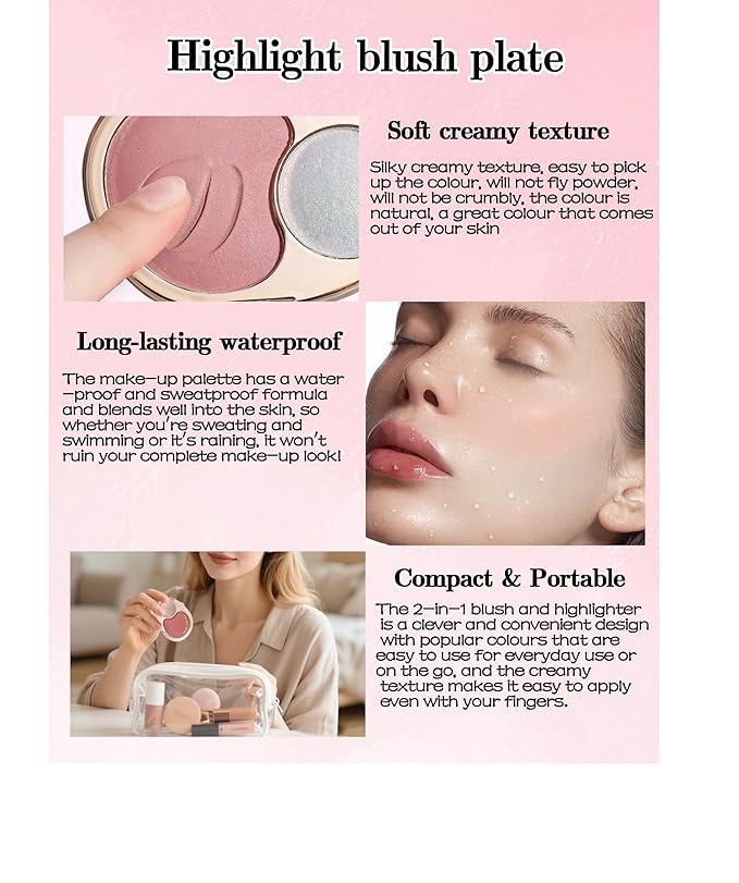 Blush and Highlighter Palette,2 in 1 Orange Blusher Pearl Shimmer Highlighter,Matte Blusher and Bronzer for Face Cheeks,Longlasting Waterproof Facial Makeup Set with Brush,Makeup Gift for Women-03