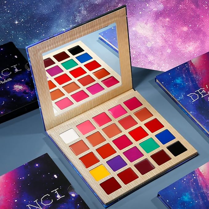 DE'LANCI Neon Eyeshadow Palette 24 Color + Lipstick Pallet 25 Color UV Blacklight Matte and Glitter Shade, Colorful Makeup Set for Christmas Halloween Cosplay Face Body Eyes Makeup Ket