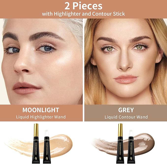 FV 2PCS Cool Toned Contour & Liquid Highlighter Stick, Blendable & Natural Finish Cream Contour Makeup Set, Long Lasting Face Illuminator & Shaping Stick, Cruelty-free & Vegan, 02&04