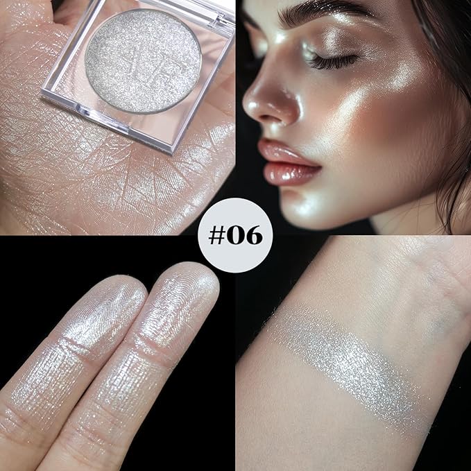 Highlighter Makeup Palette, Long Lasting New Formula, Pearlescent Silver-White Shimmer, Sheer Base, Ideal for Face and Body Contour and Cheek Highlight (#06) Silver White Pearlescent Shimmer