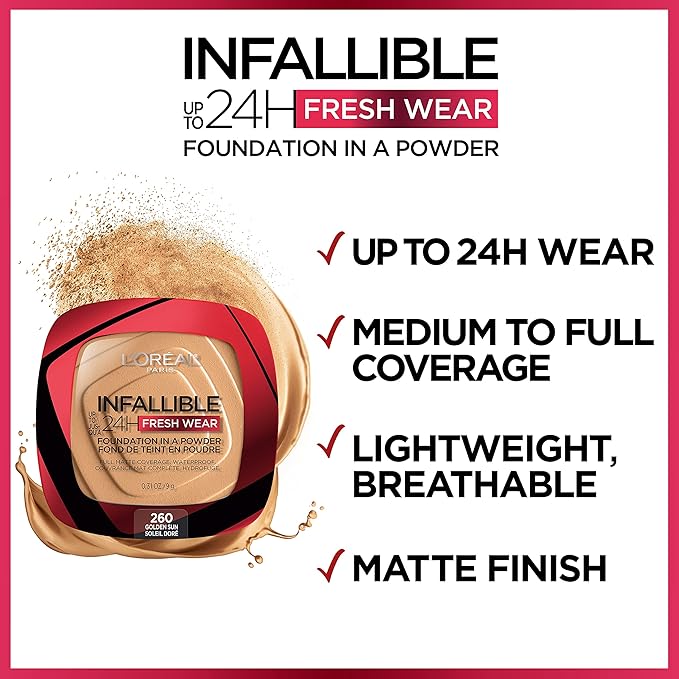L'Oreal Paris Makeup Infallible Fresh Wear Foundation in a Powder, Up to 24H Wear, Waterproof, Sienna, 0.31 oz.