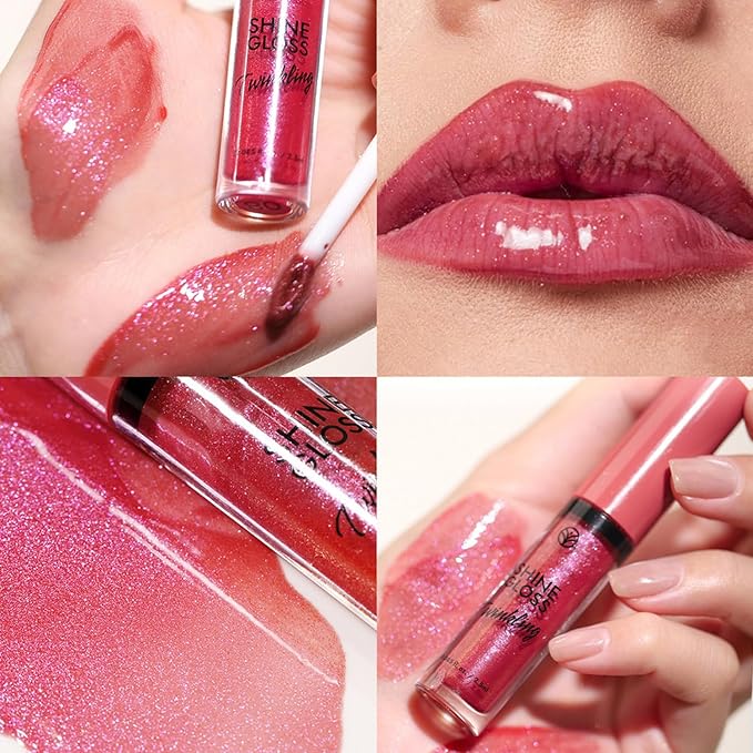 Red Lip Gloss Women Girls Plumping Lip Gloss Glitter Tinted Lip gloss Oil Plumper Hydrating Long Lasting Moisturizing Non Sticky Makeup lip gloss (08# Rose Red Shimmer)