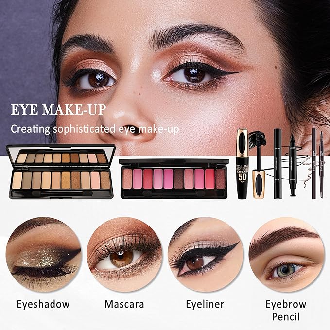 All in One Makeup Set Kit for Women Full Kit,Makeup Gift Kit with Everything,Mascara Eyebrow Eyeliner Eyeshadow Foundation Lipstick Blush Highlighter,Women's Day Makeup Gift for Women Girl-Set A