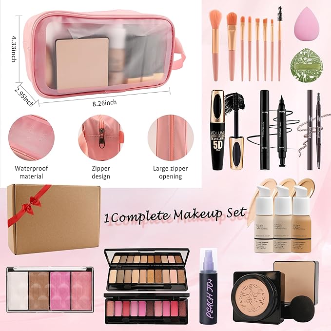 All in One Makeup Set Kit for Women Full Kit,Makeup Gift Kit with Everything,Mascara Eyebrow Eyeliner Eyeshadow Foundation Lipstick Blush Highlighter,Women's Day Makeup Gift for Women Girl-Set A