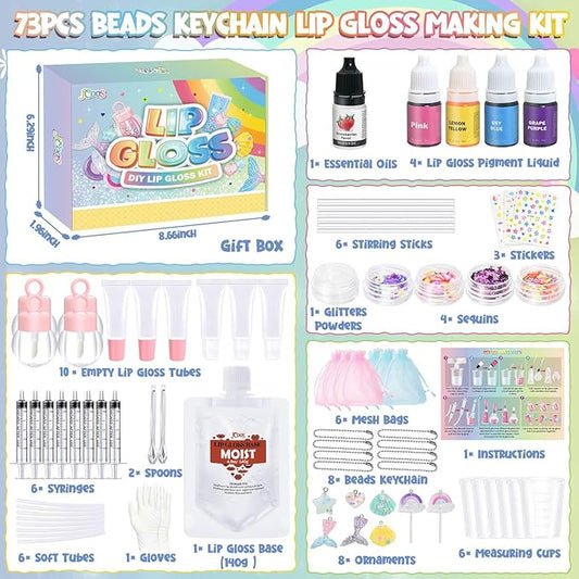 Jcoos Lip Gloss Making Kit - 73PCS Keychain DIY Lip Gloss, Shimmery Moisturizing Lip Glaze Handmade Set, Fun Craft Kit for Beginner, Women, Kids, Tween, Preteen, Teens Girl Gifts Trendy Stuff