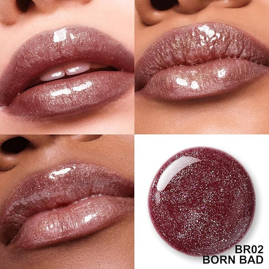 FOCALLURE High Shine Glitter Lip Gloss,Hydrates and Soothes Lips for a Gorgeous,Delivers a Non-sticky Glossy finish,Long-lasting Shine & Fuller-looking Lip Makeup,BR02 BORN BAD