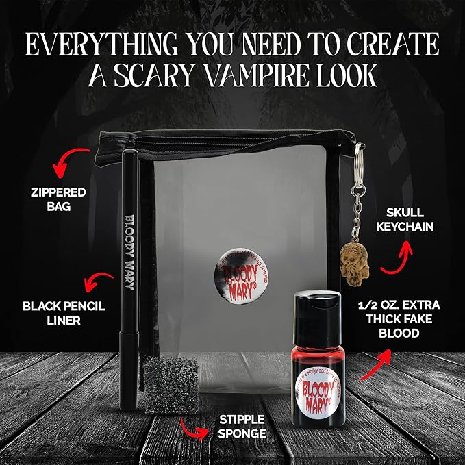 Vampire SFX Makeup Kit - Wicked Bite Special Effects Face Makeup Set with 1/2 Oz. Extra Thick Fake Blood, Black Pencil Liner, Stipple Sponge and Zipper Bag for Halloween or Stage - Bloody Mary