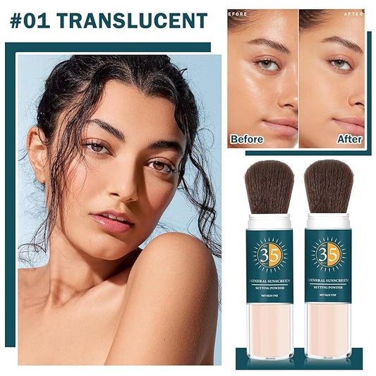 2PCS Mineral Sunscreen Powder SPF 35 for Face Oil Control Long Lasting Sunscreen Powder for Face Natural Light Breathable #01 Translucent