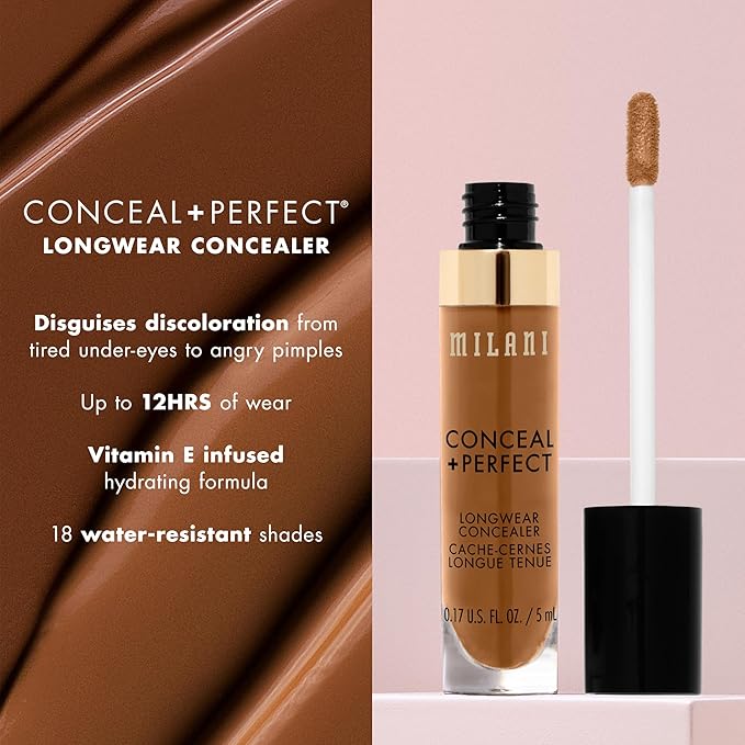 Milani Conceal + Perfect Longwear Concealer - Deep Tan (0.17 Fl. Oz.) Vegan, Cruelty-Free Liquid Concealer - Cover Dark Circles, Blemishes & Skin Imperfections for Long-Lasting Wear