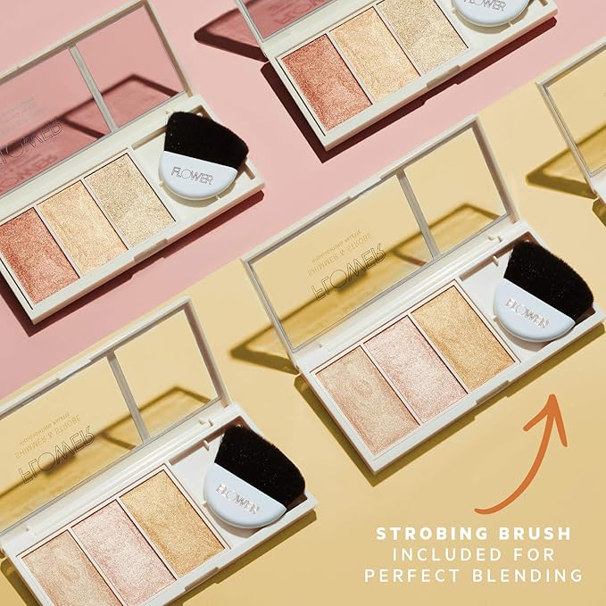 FLOWER Beauty By Drew Barrymore Shimmer & Strobe Highlighting Palette - Glowing Bronzer Powder Kit For Face - Blendable Coverage - Skintones - 3 Enhancing Colors - Strobe Brush Included (Sunkissed Shimmer)