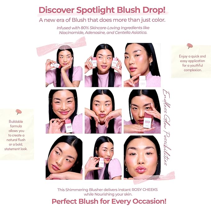Spotlight Blush Drop (Sugar Fairy) | Luminous Rosy Cheek | Skincare-Infused Hydrating Formula | Vegan Certified | Natural Radiance | Buildable Color | All Skin Types | 1.01 fl oz