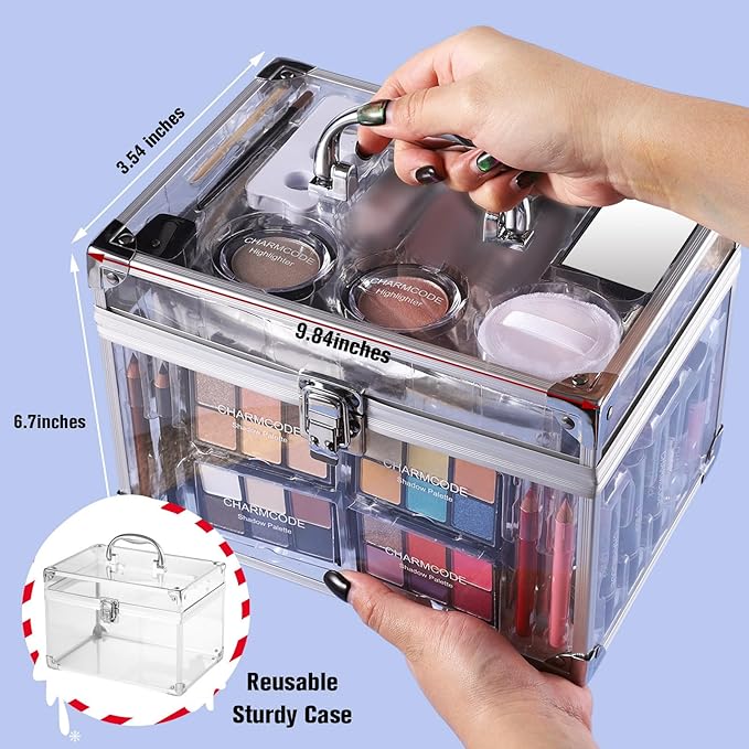Makeup Kit for Women Full Kit - Eyeshadow Palette, Lipsticks, Lipgloss, Blushes, Contour, Highlighters, Makeup Pencil, False Eyelashes, Re-usable Train Case Gift Set for Teen Girls Starters Pros