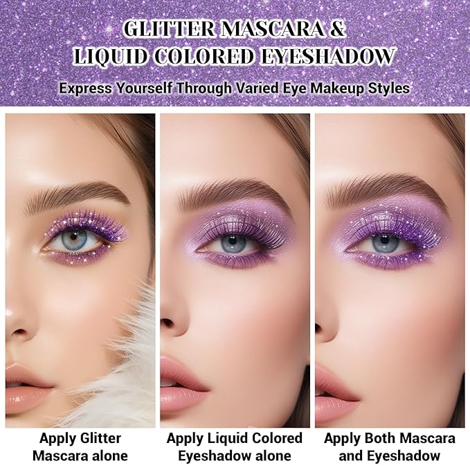 2 Pcs Glitter Mascara & Shimmer Liquid Eyeshadow Set, Long Lasting Waterproof, Shiny Diamond Eye Makeup for Party Dazzling Looks, Metallic Eye Shadow Lipstick Makeup #Set4(Purple+Purple)