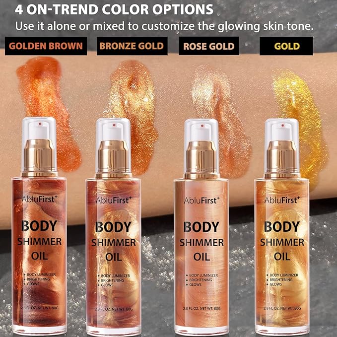 4 Colors Shimmer Body Oil Face Glitter Summer Body Moisturizing Light Shimmering Glow Non-Sticky Party Luminizer and Illuminator Smooth (3.38 Fl Oz Pack of 1, Rose Gold)