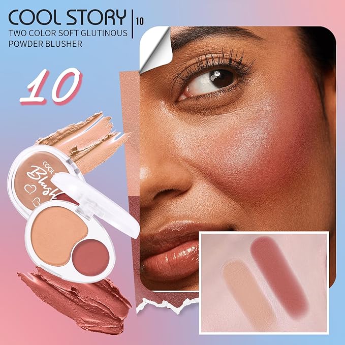 Dual-Tone Face Blush Palette for Cheeks - Waterproof, Long-Lasting, Satin Finish, Creamy Texture, Sculpting, All Skin Tones, Squalane, Highlighting, for Home, Travel, Makeup 2 Tone Tint 10#