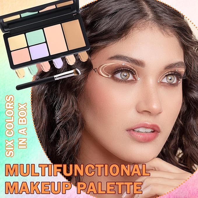 6 Colors Correcting Concealer Contour Makeup Palette,Cream Concealer Contour Palette for Dark Circles Blemish Redness,Highlighting Long Lasting Contouring Liquid Foundation Makeup with Brush(2PCS)