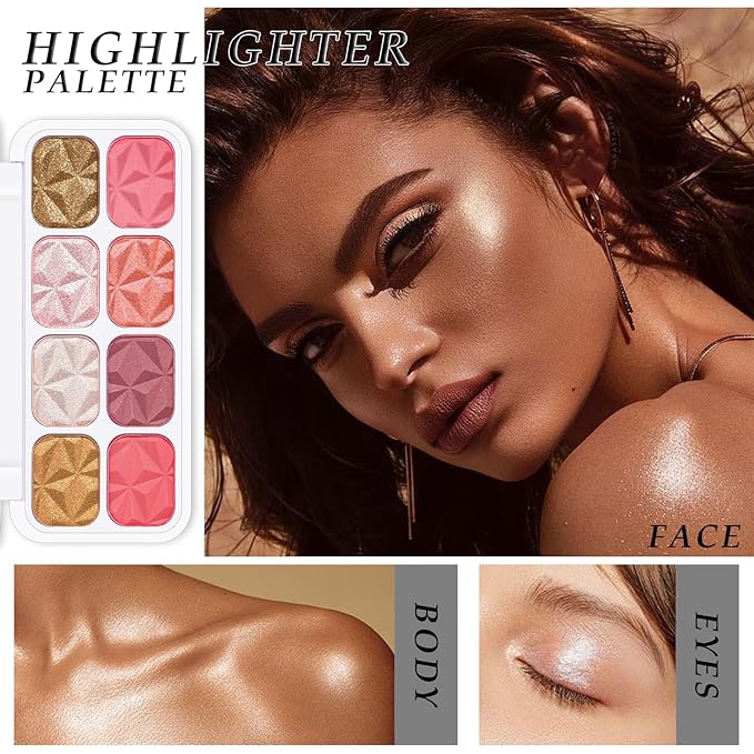 8 Colors Blush Palette Makeup, Face Highlighters Contouring Powder, Shimmer Bronzer Rubores De Maquillaje for Cheeks, Mineral Blushes Highlighting Shades Waterproof Illuminator Women Cosmetics