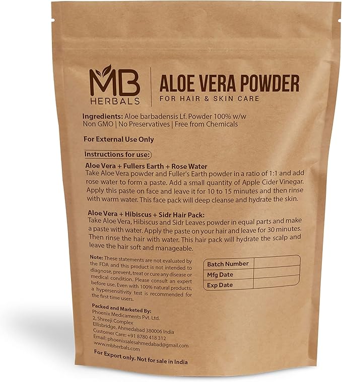 MB Herbals Aloe Vera Powder 3.5 oz / 100 Gram | Aloe barbadensis | for Face Packs and Hair Packs | External Use Only