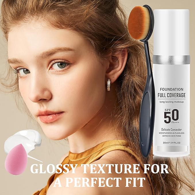 2PCS Color Changing Foundation Makeup Set, Full Coverage Liquid Makeup Foundation with Brush, Moisturizing Oil Control Foundation Color Changing Makeup, Waterproof Matte Concealer with Makeup Sponge