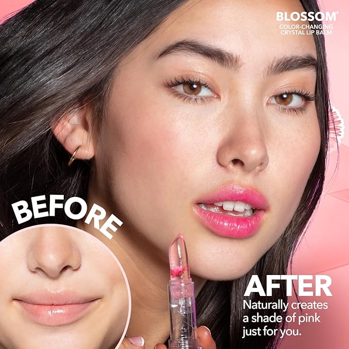 Blossom Moisturizing Scented pH Color Changing 2 pack, Strawberry Scented Crystal Lip Balm (Red), Shimmer Sparkle Lip Stain Tint (Blush), Infused with Real Flowers, 6g, Red/Blush